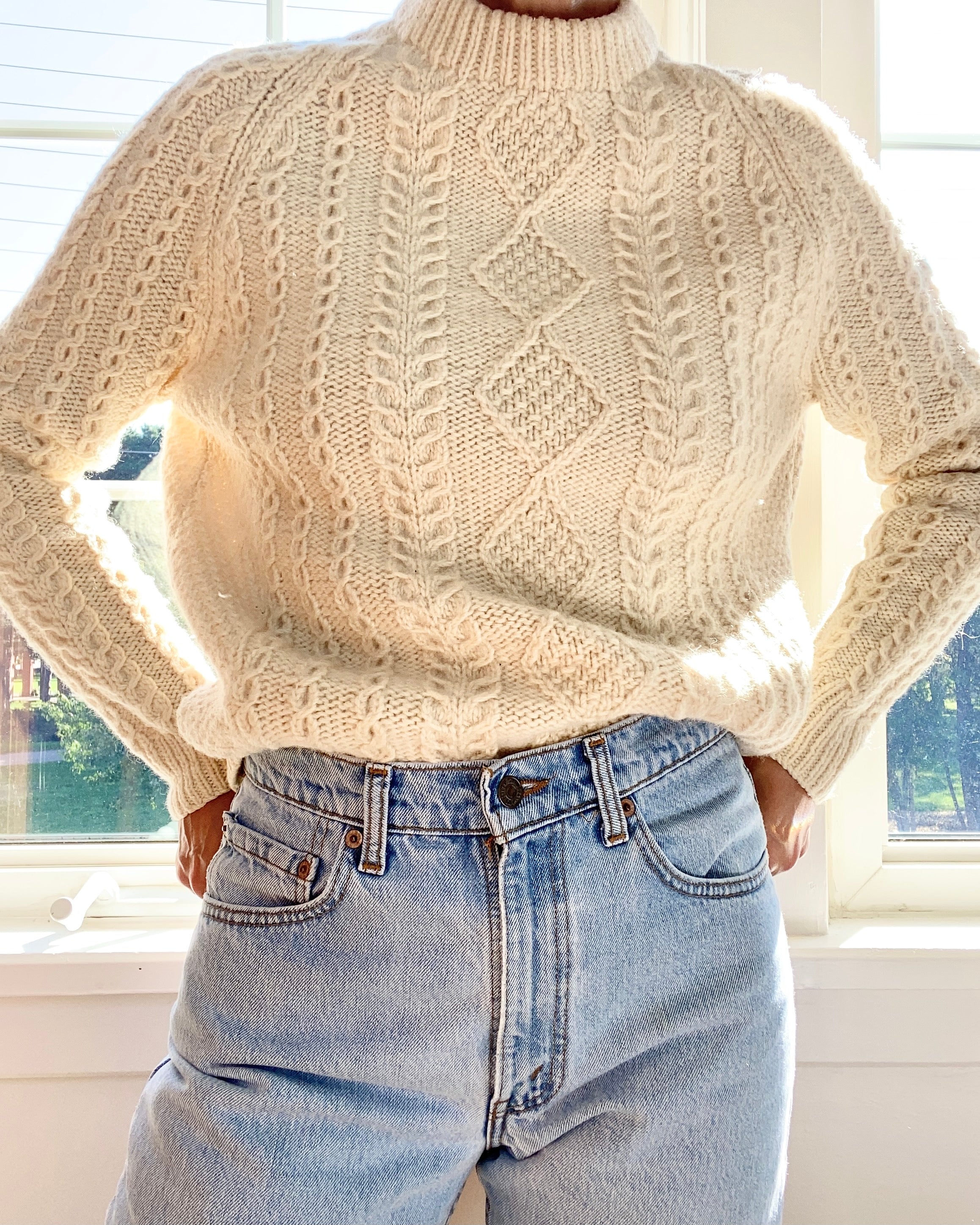 Vintage Handknit Cream Wool Fisherman Cable Sweater