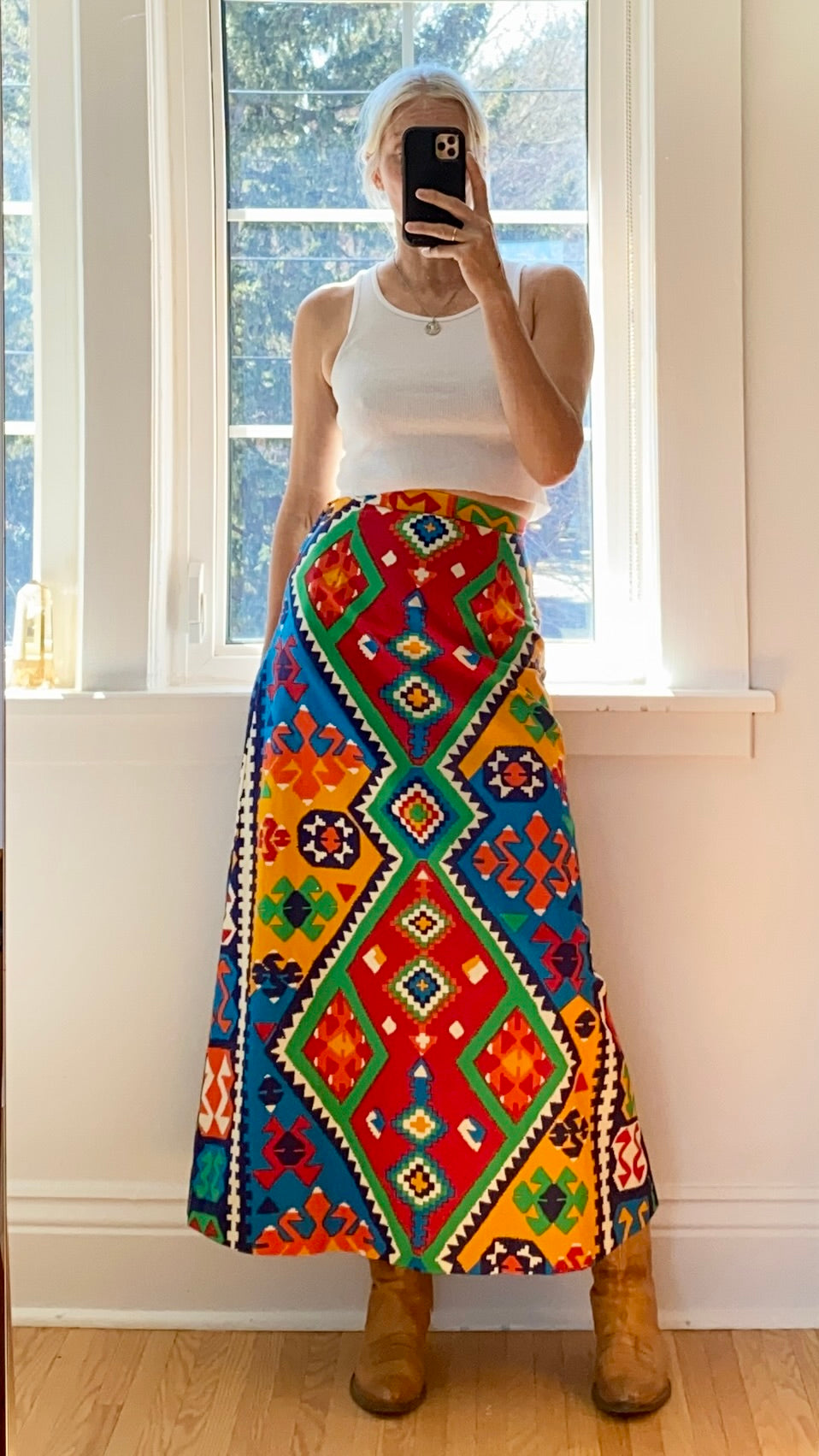 Vintage 1960s Cotton Aline Geometric Print Maxi Skirt S