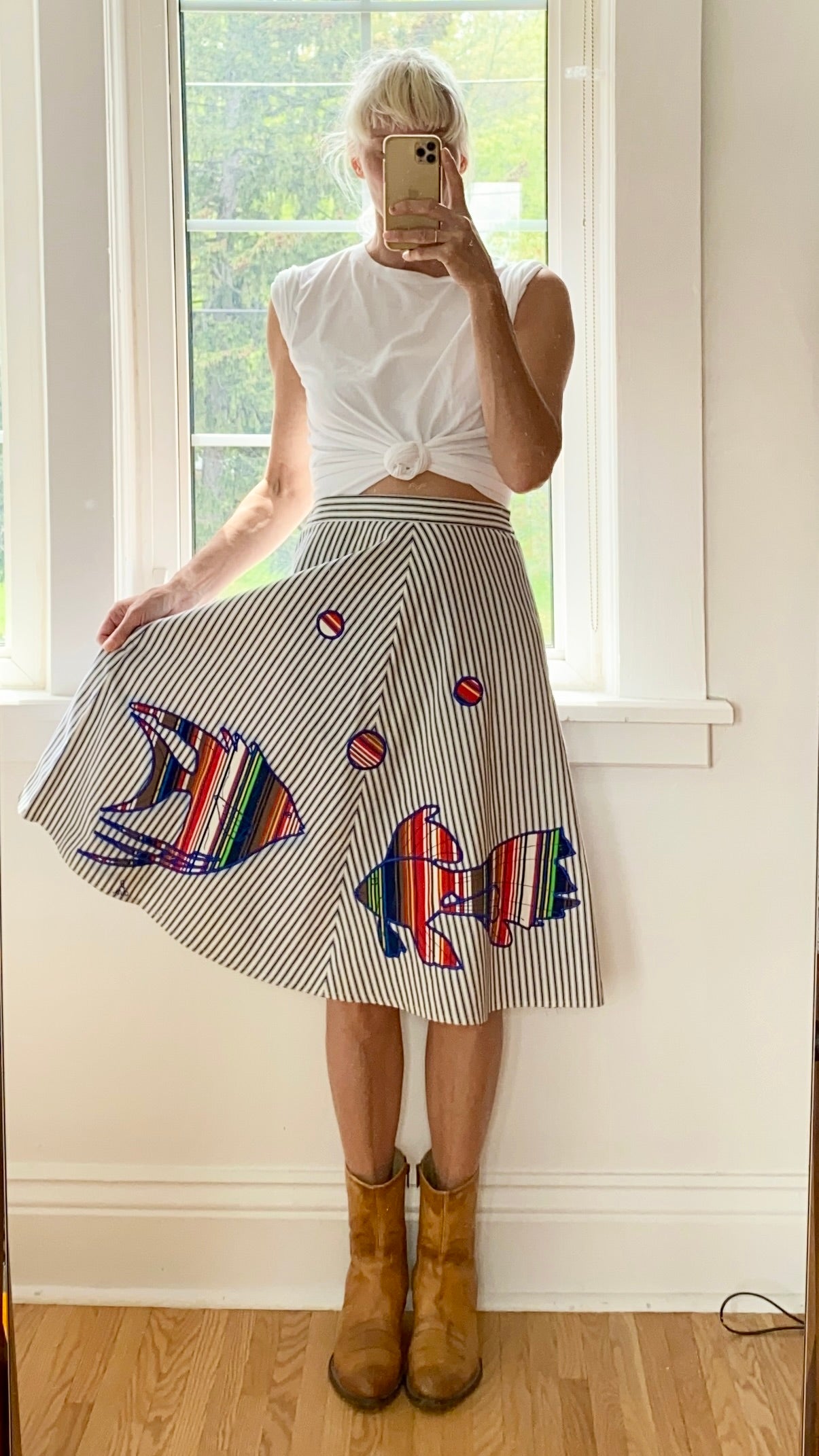 Vintage Stripe Cotton Flare Skirt with Tropical Fish Appliqué