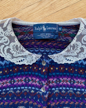 Vintage Ralph Lauren Fair Isle Wool Cardigan with Lace Collar S