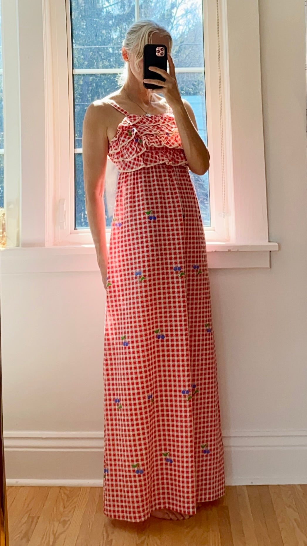 VINTAGE 1970s Red Gingham with Blueberries Cotton Ruffle Maxi Dress XS S