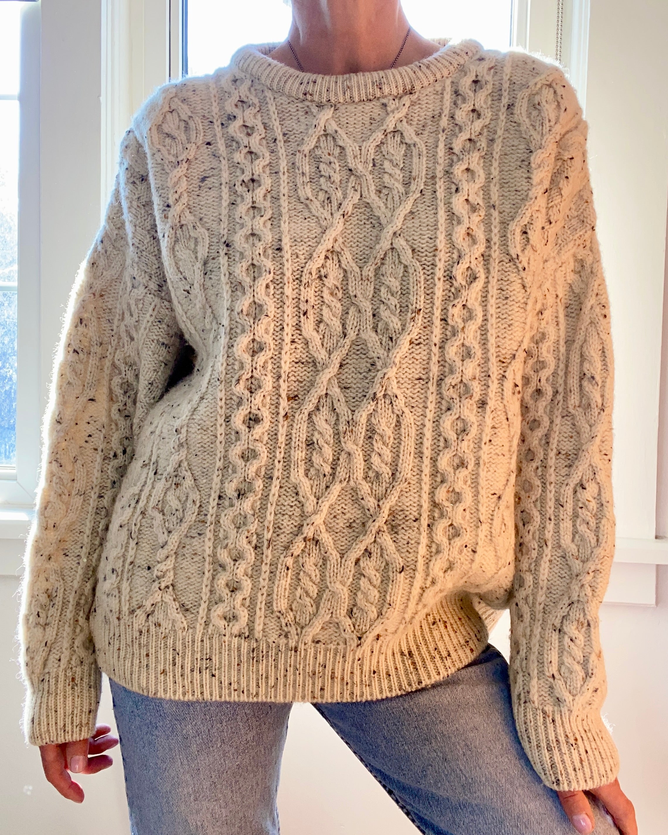 Vintage Handknit ARAN KNITS Oatmeal Fisherman Cable Sweater Made in Ireland M L XL