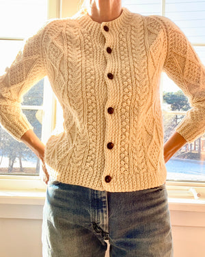 VINTAGE Handknit Irish Fisherman Cable Wool Cardigan S
