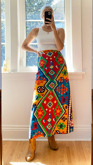 Vintage 1960s Cotton Aline Geometric Print Maxi Skirt S