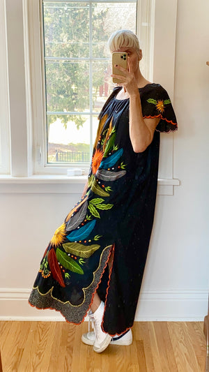 Vintage Mexican Embroidered Black Butterfly Maxi Dress