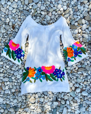 Vintage Mexican Embroidered Linen Bell Sleeve Dress