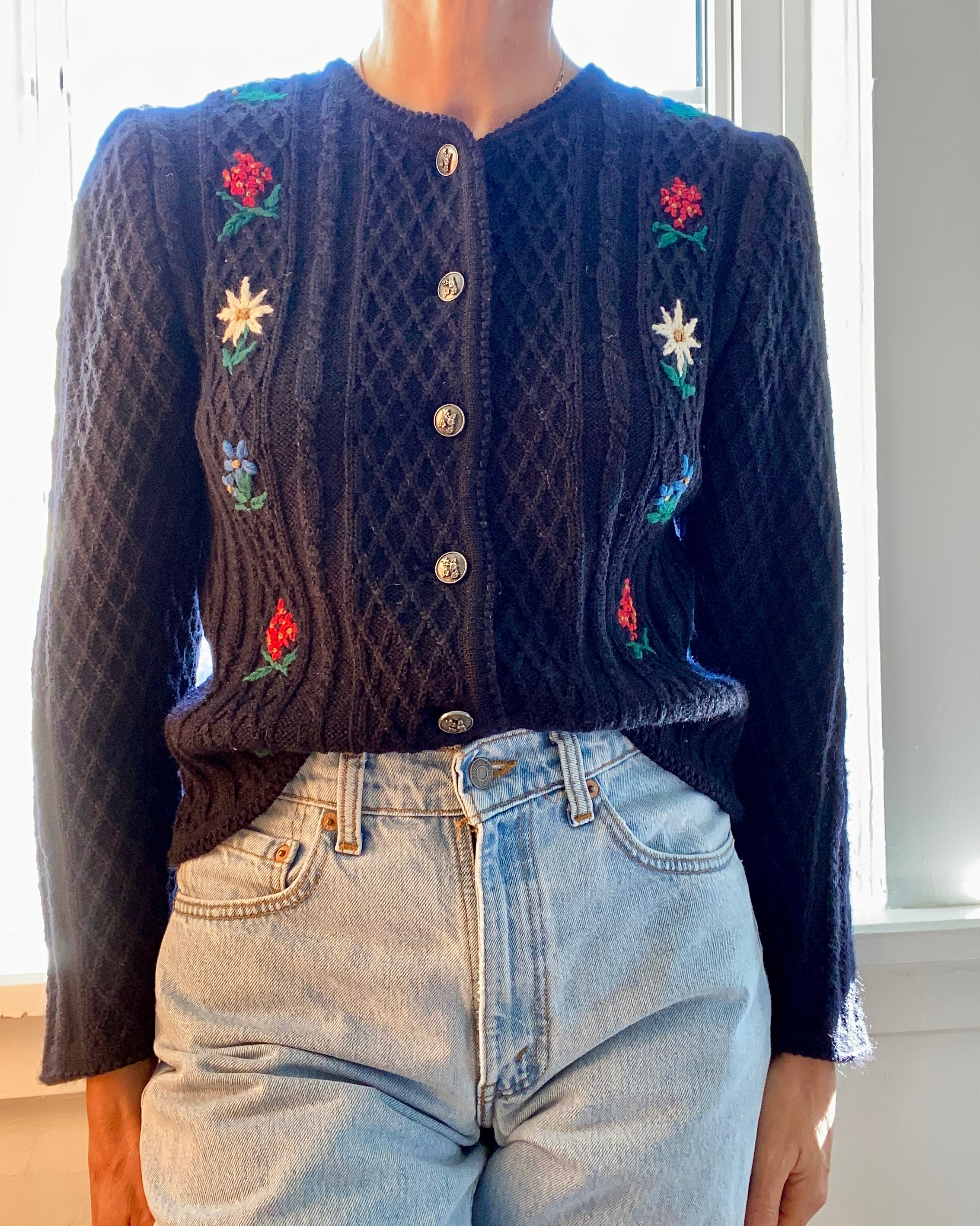 Vintage Tyrolean Folk Handknit Embroidered Wool Cardigan