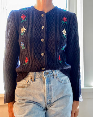 Vintage Tyrolean Folk Handknit Embroidered Wool Cardigan