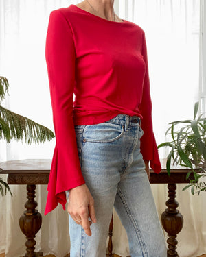 Vintage 1990s Louis Feraud Red Matte Jersey Bell sleeve Tee M
