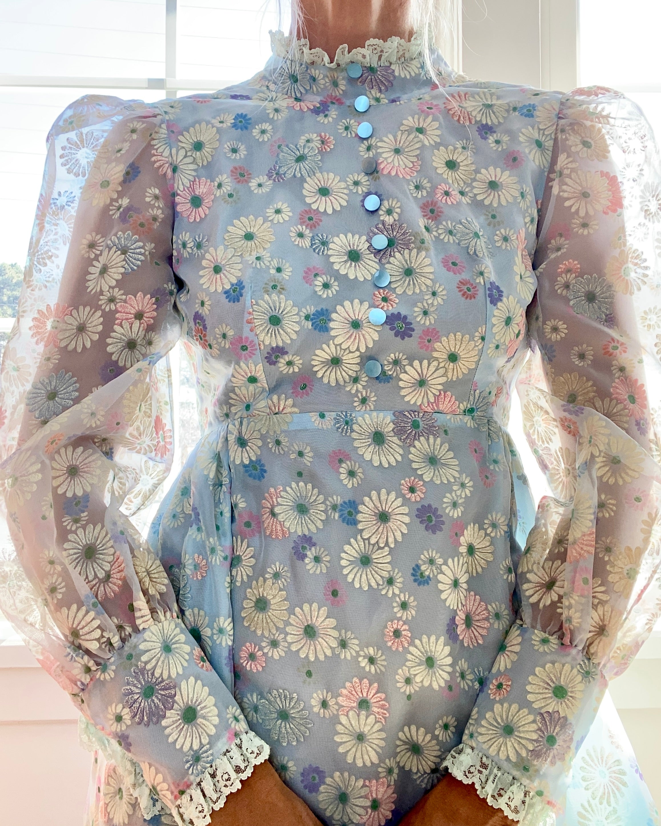 Vintage 1960s Floral Organza Prairie Victorian Inspired Dress XS or S