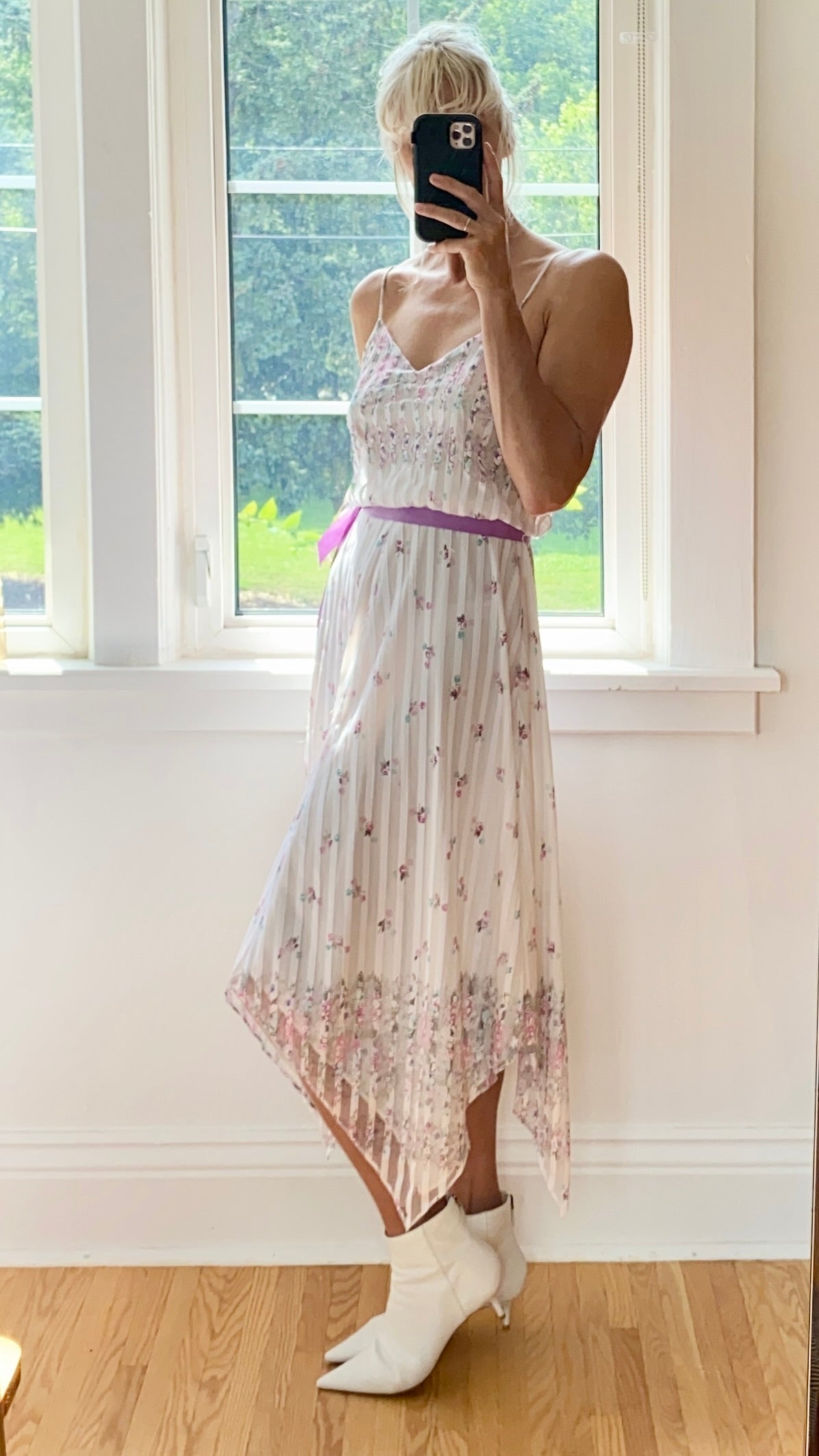 Vintage 1970s White Chiffon Floral Handkerchief Dress