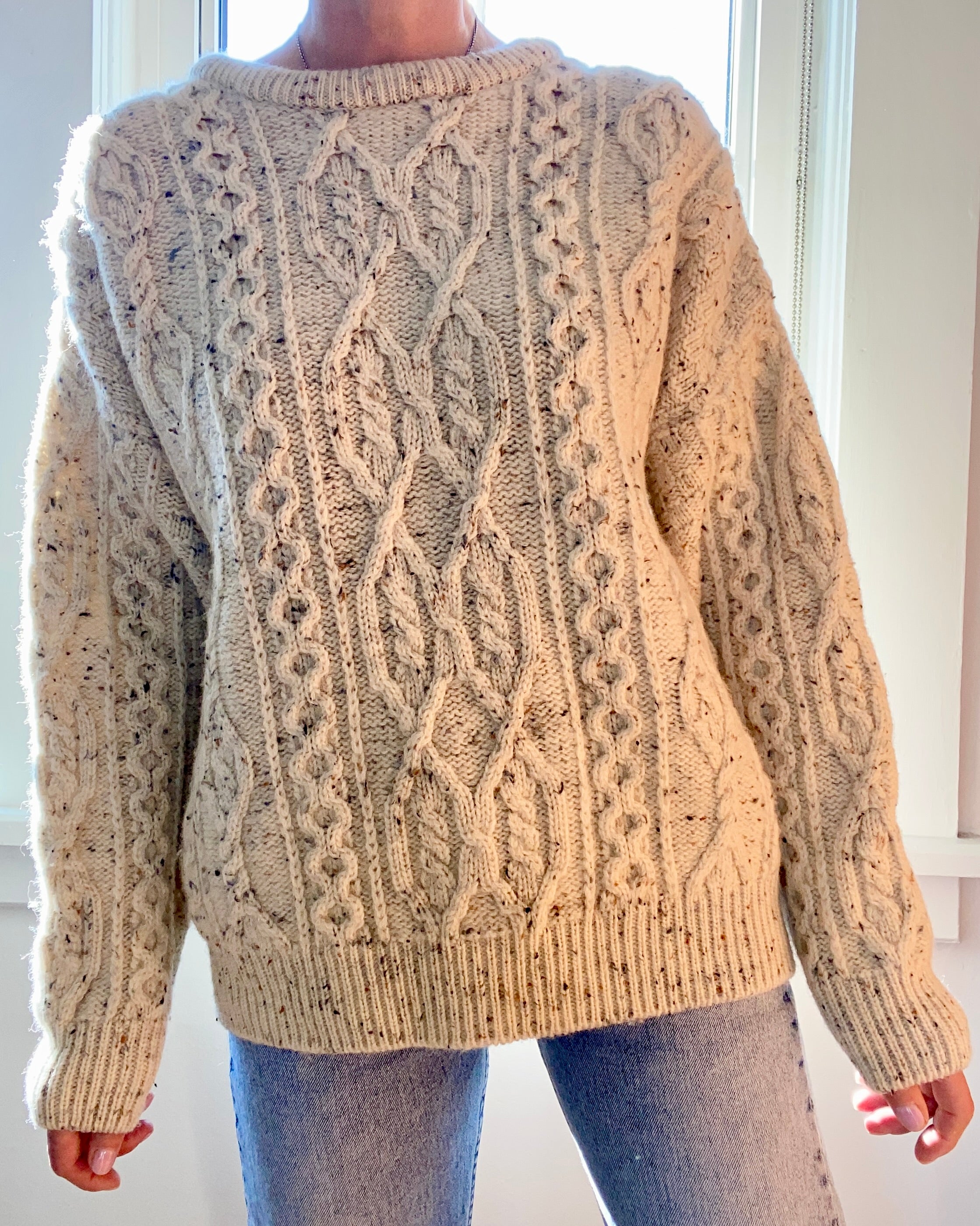 Vintage Handknit ARAN KNITS Oatmeal Fisherman Cable Sweater Made in Ireland M L XL