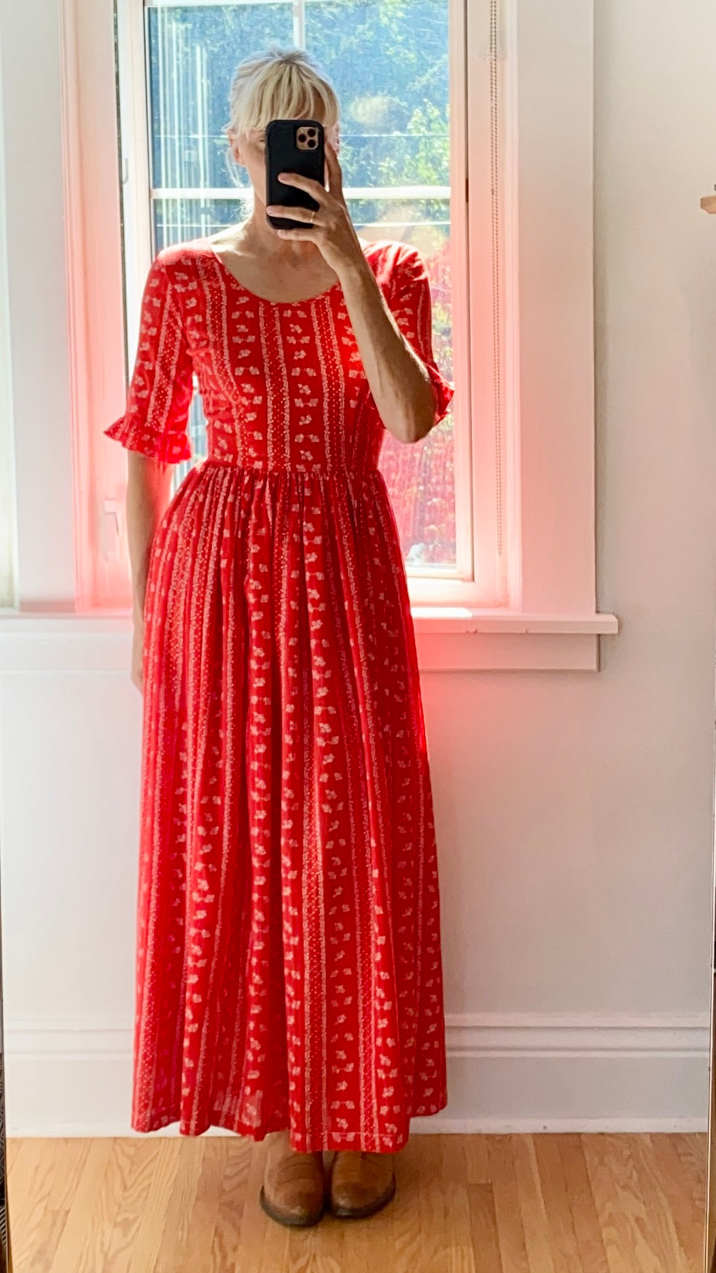 VINTAGE 1970s Red Bandana Print Prairie Dress