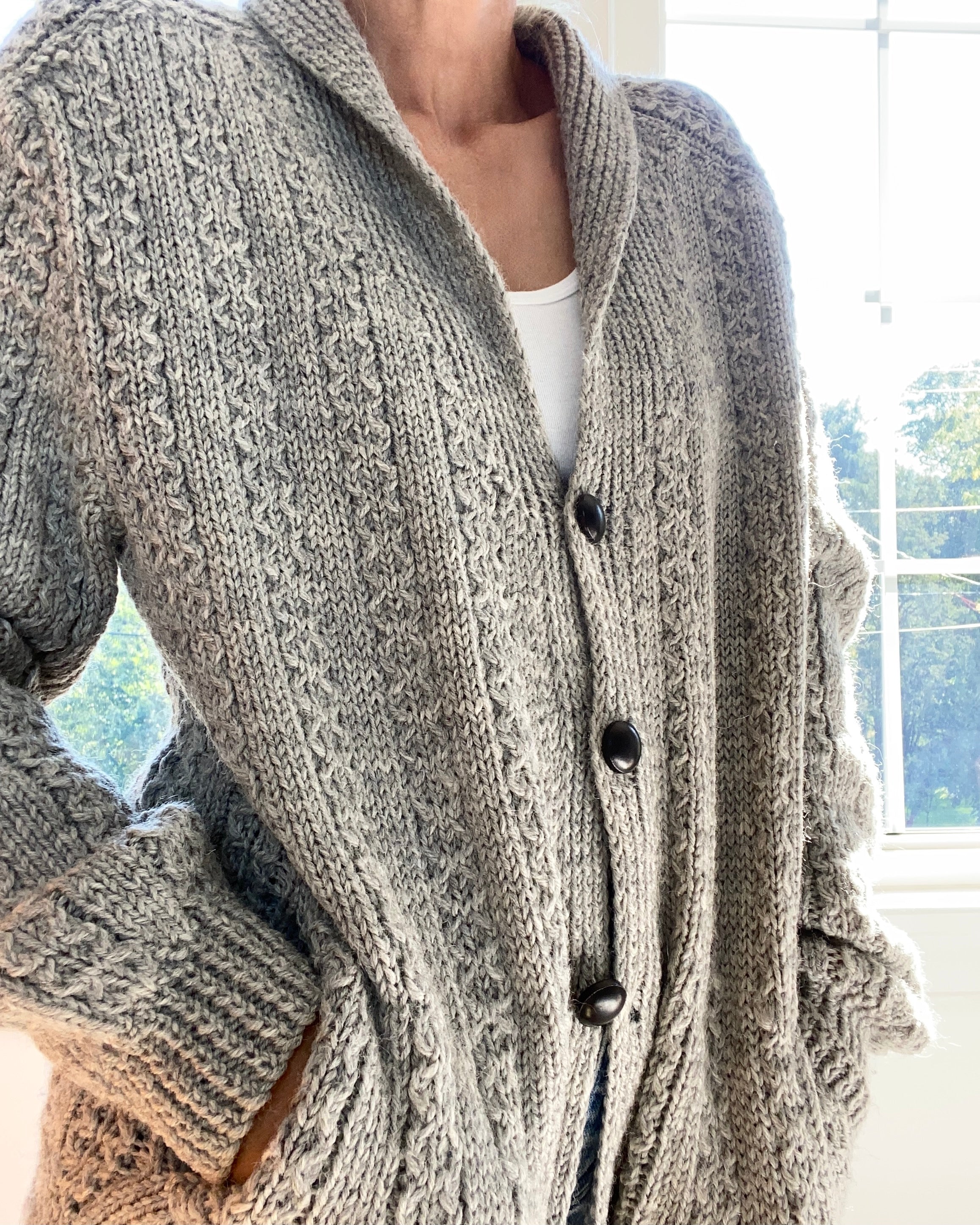 VINTAGE Handknit Shawl Collar Irish Light Grey Cardigan