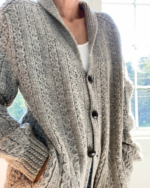 VINTAGE Handknit Shawl Collar Irish Light Grey Cardigan