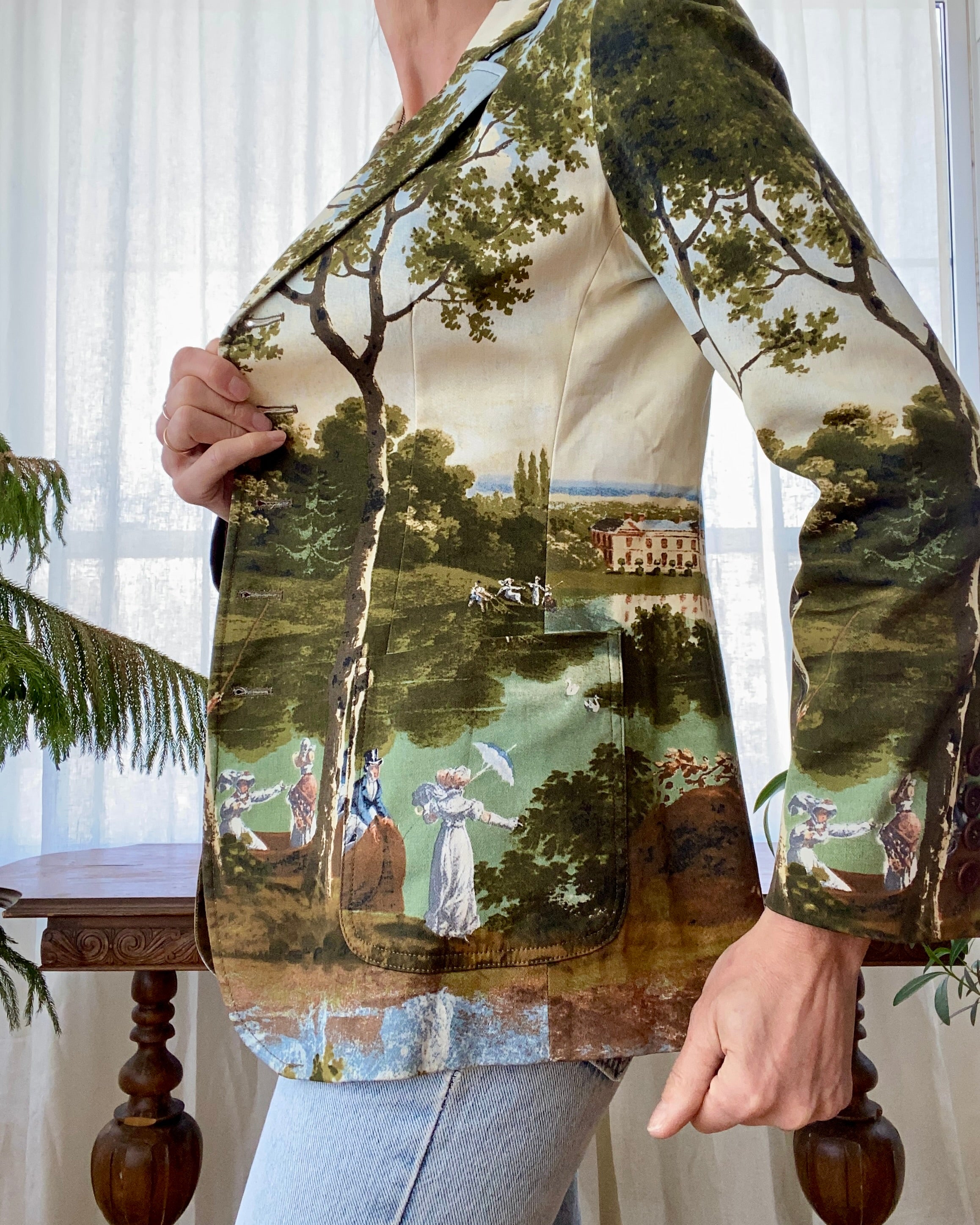 Vintage 1990s Moschino Runway Pop Art Print Blazer by Pierre Lecomte Painting Landscape Scene Italy 4 6 8 S M