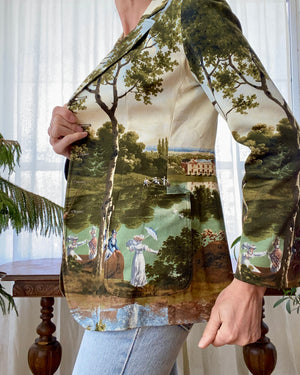 Vintage 1990s Moschino Runway Pop Art Print Blazer by Pierre Lecomte Painting Landscape Scene Italy 4 6 8 S M