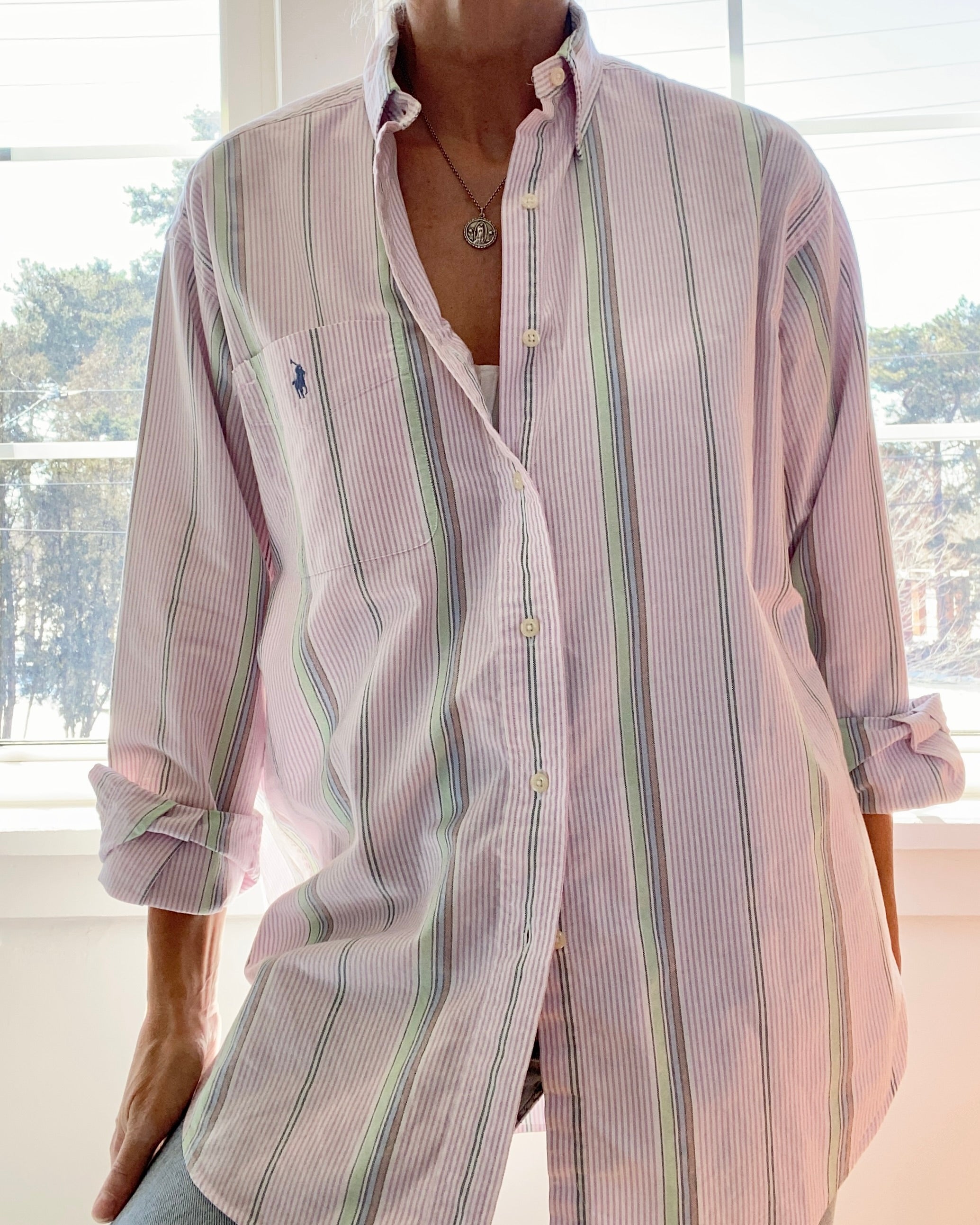 Vintage Ralph Lauren Mens Oxford Pink Stripe Shirt