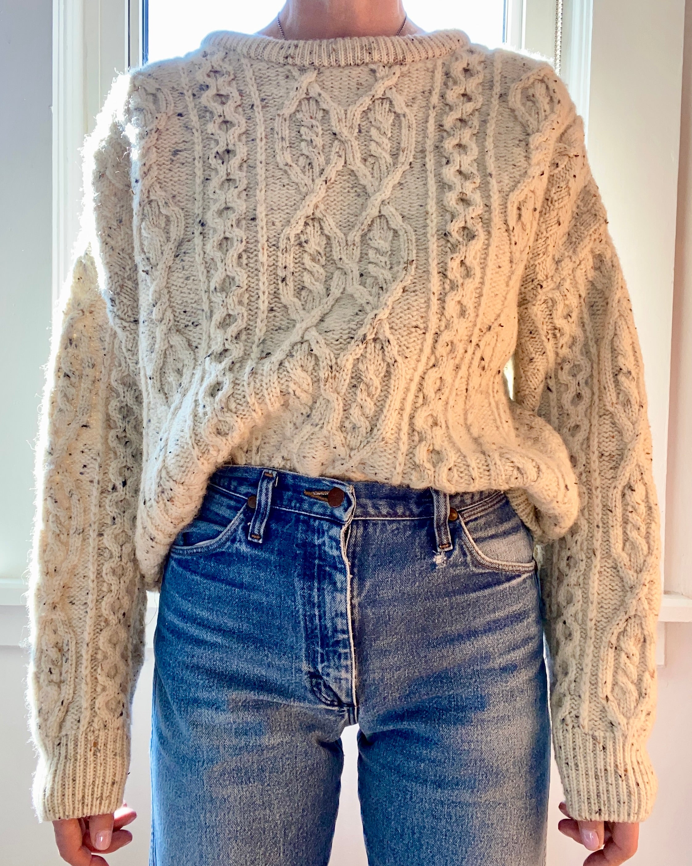 Vintage Handknit ARAN KNITS Oatmeal Fisherman Cable Sweater Made in Ireland M L XL