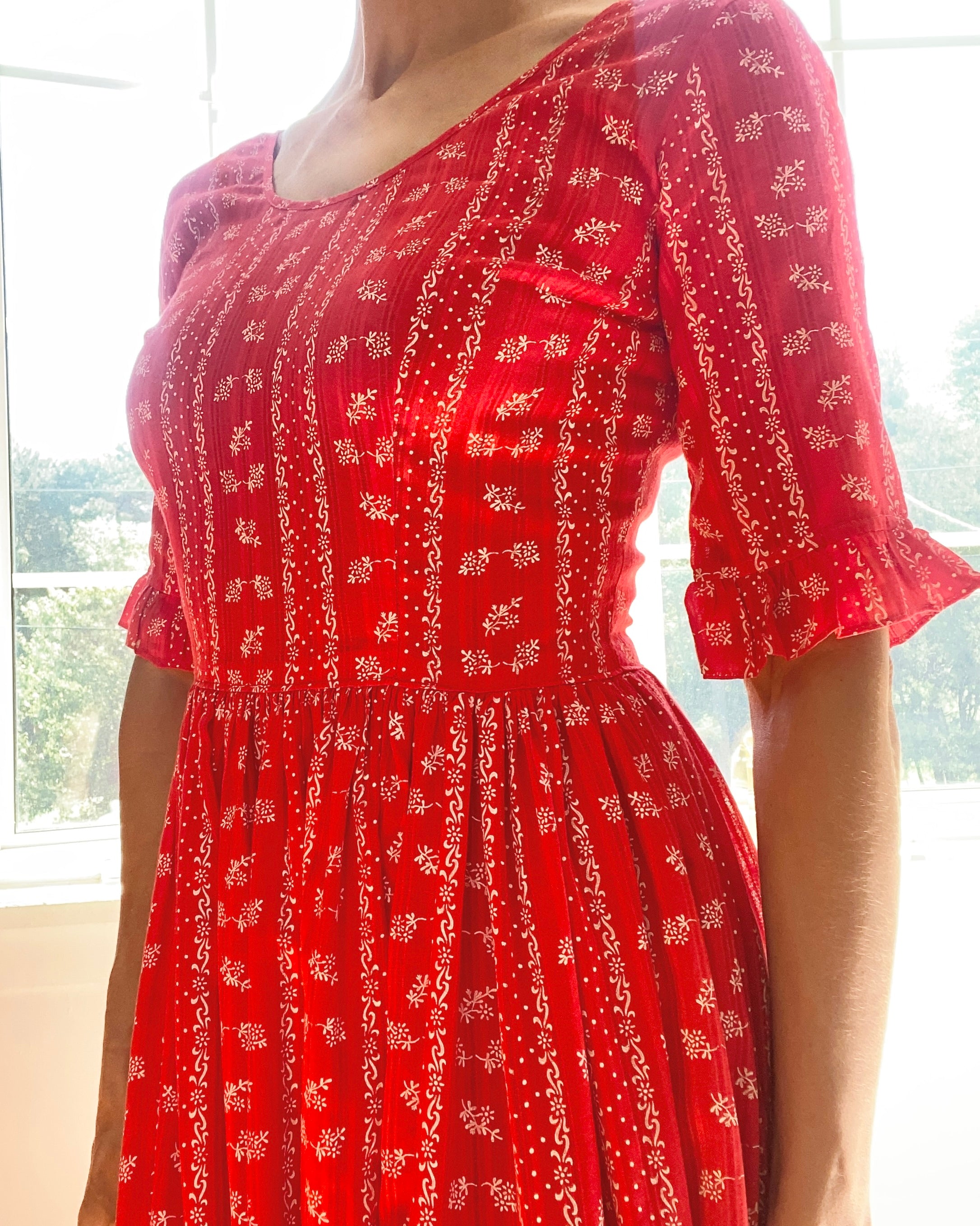 VINTAGE 1970s Red Bandana Print Prairie Dress