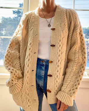 VINTAGE Handknit Irish Fisherman Cable Wool Cardigan