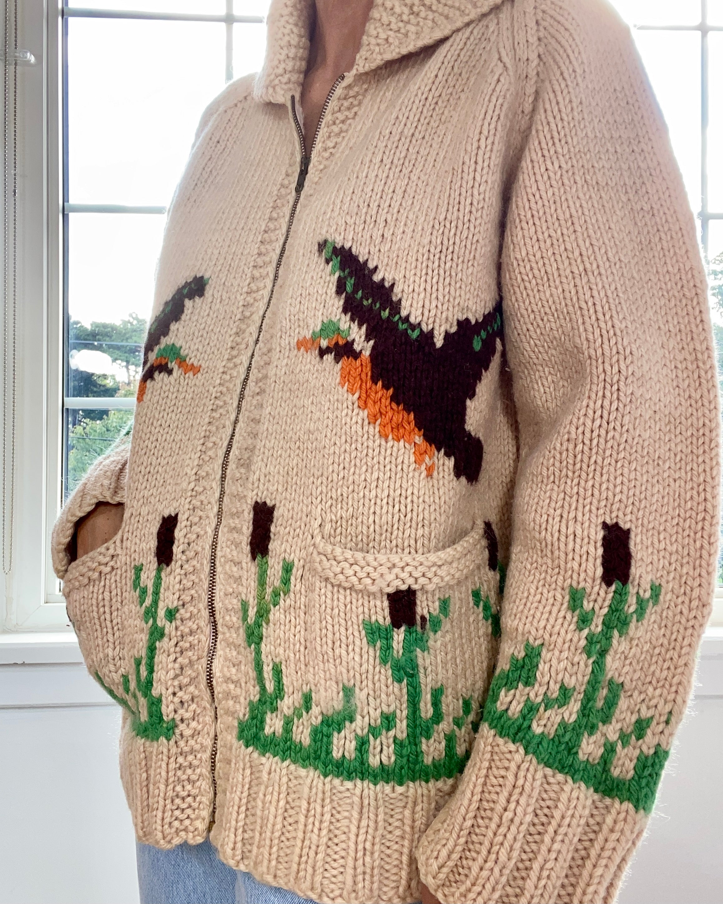 Vintage 1950s Curling Ducks Wool Cardigan
