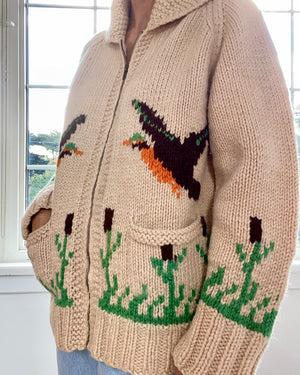 Vintage 1950s Curling Ducks Wool Cardigan