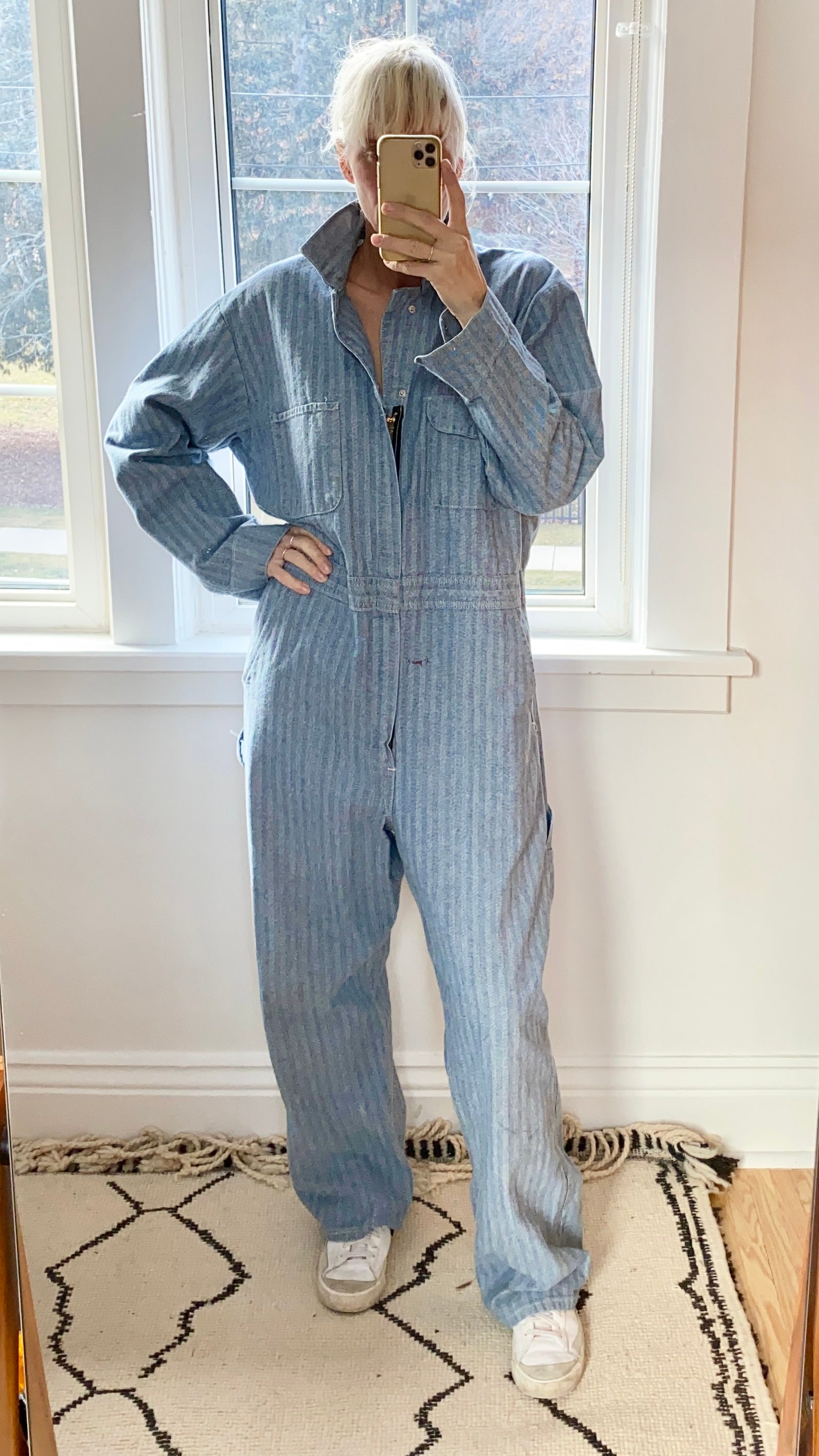 Vintage Big Ben Stripe Herringbone Mechanic Boiler Carpenter Jumpsuit Coveralls 44R USA