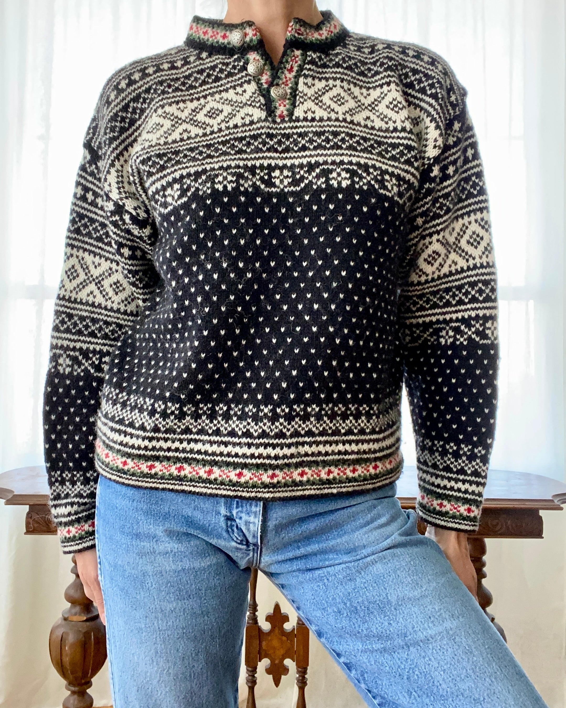 Vintage L.L. Bean Fair Isle Norwegian Style Black Sweater Henley USA M