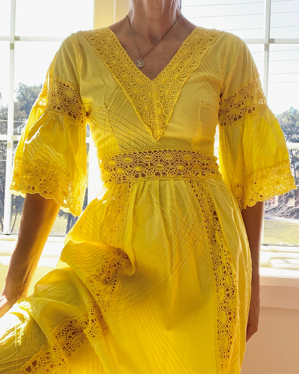 VINTAGE 1970s Yellow Cotton Lace Mexican Wedding Maxi Dress