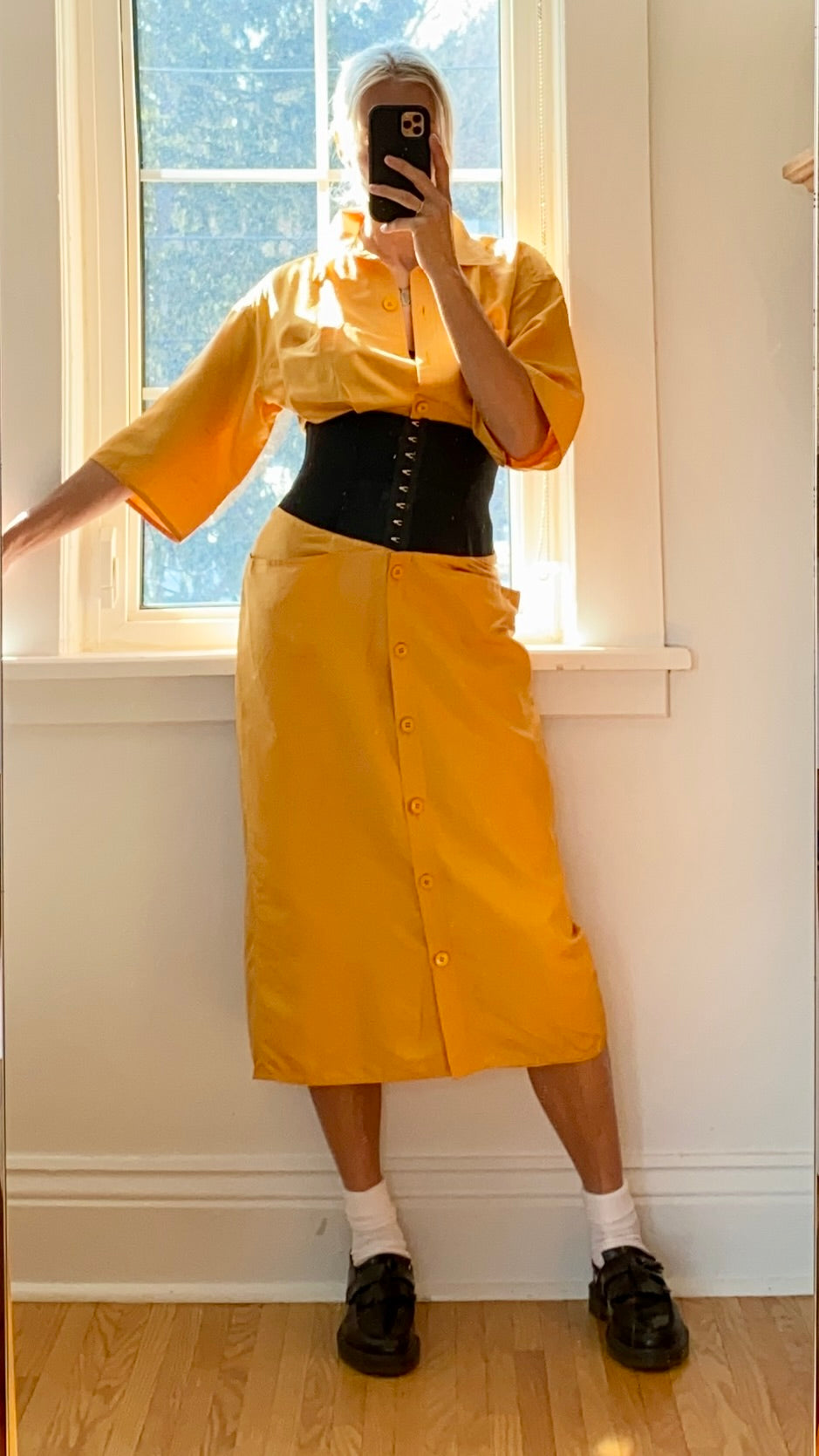 Vintage 1980s GIANFRANCO FERRE Ocre Silk Corset Shirt Dress 42 6 8