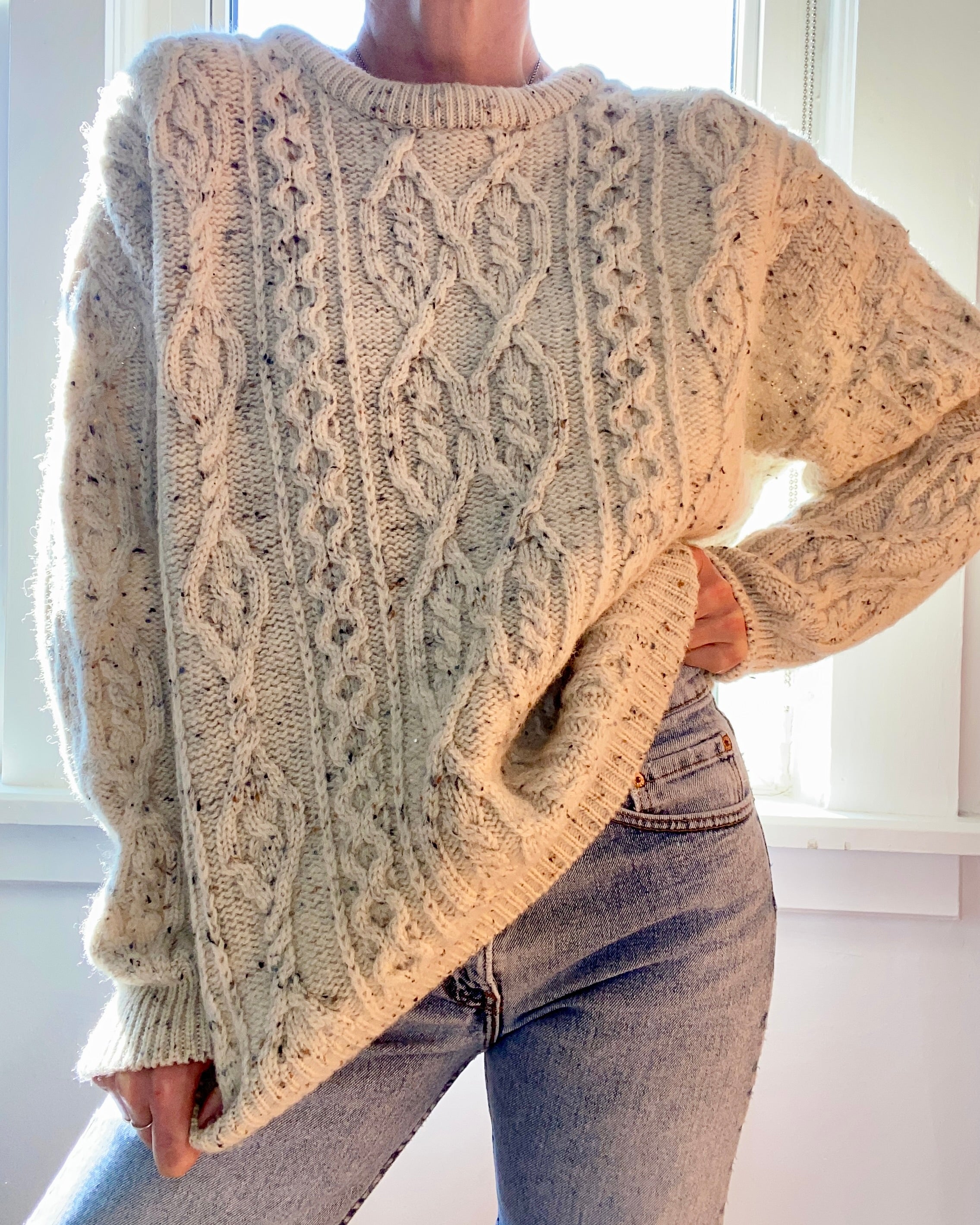 Vintage Handknit ARAN KNITS Oatmeal Fisherman Cable Sweater Made in Ireland M L XL