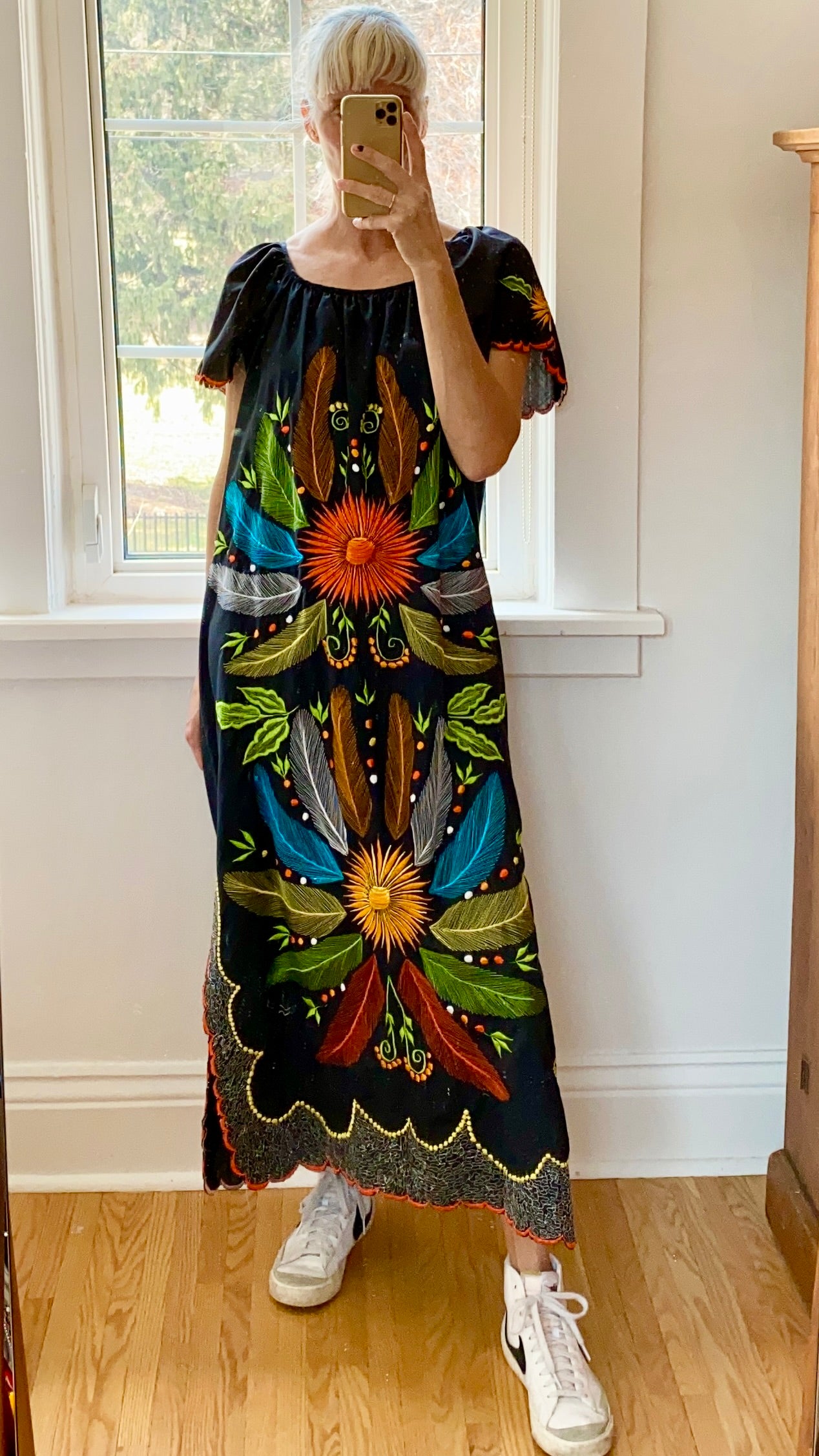 Vintage Mexican Embroidered Black Butterfly Maxi Dress