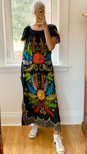Vintage Mexican Embroidered Black Butterfly Maxi Dress