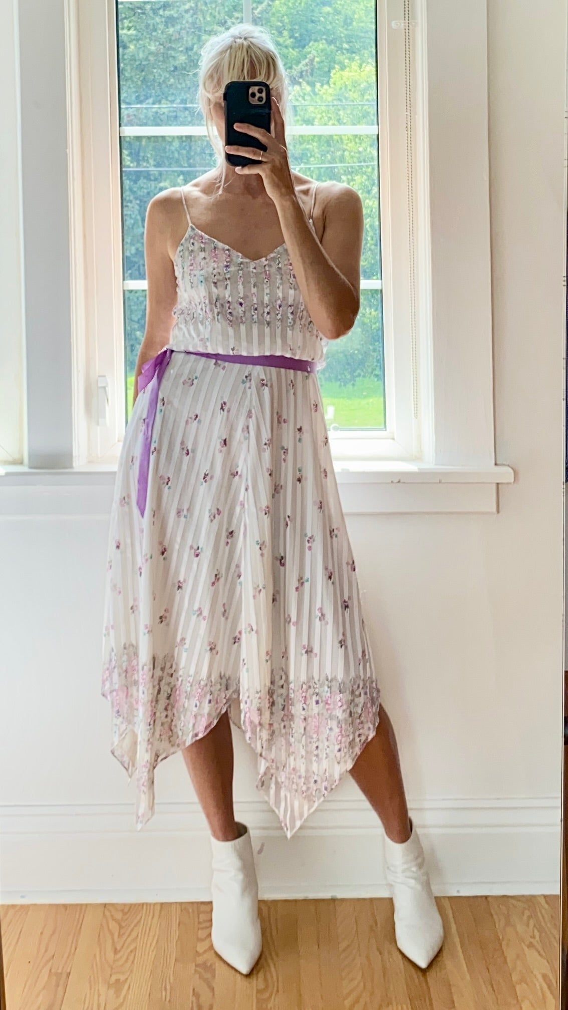 Vintage 1970s White Chiffon Floral Handkerchief Dress