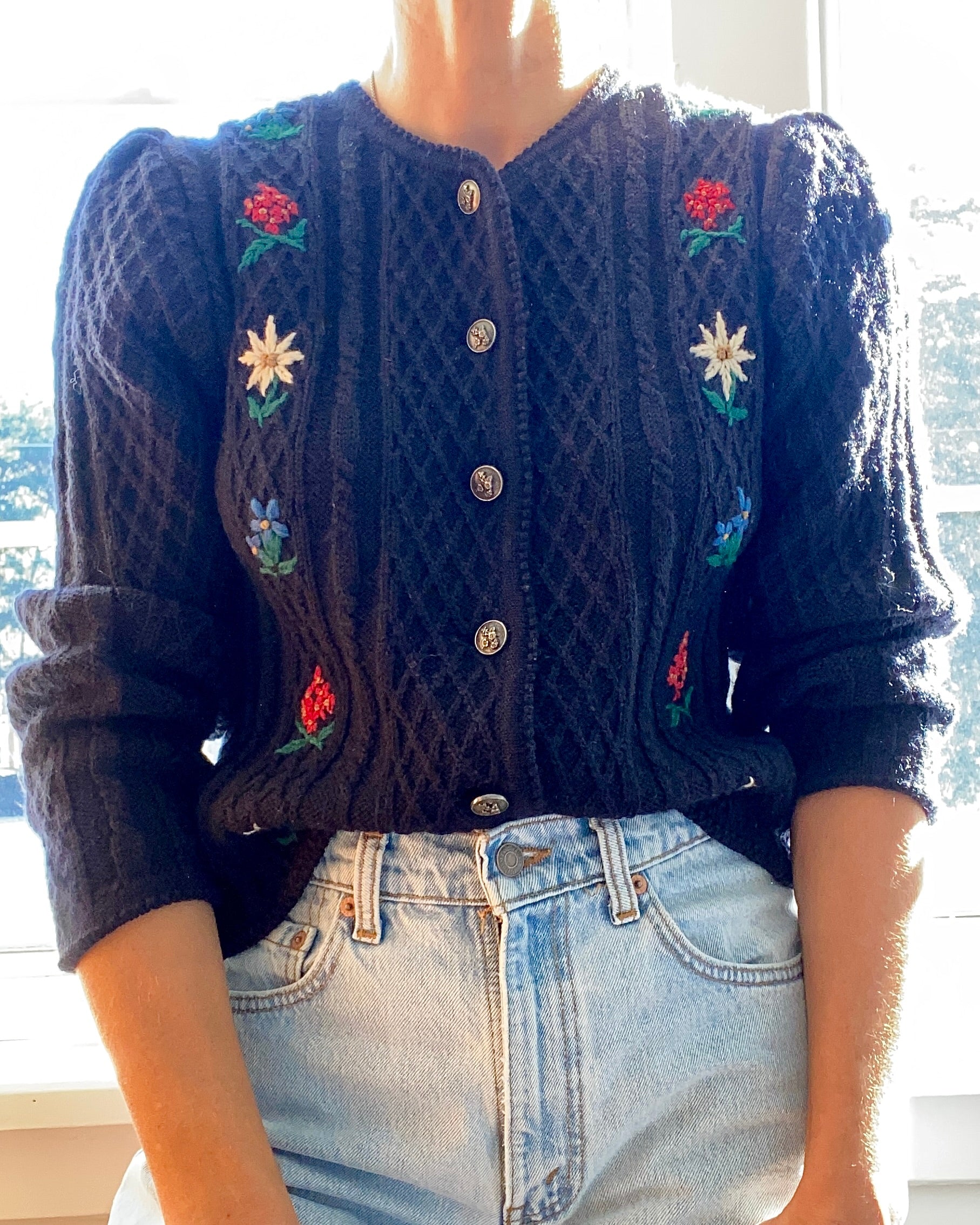 Vintage Tyrolean Folk Handknit Embroidered Wool Cardigan