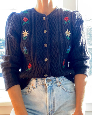 Vintage Tyrolean Folk Handknit Embroidered Wool Cardigan