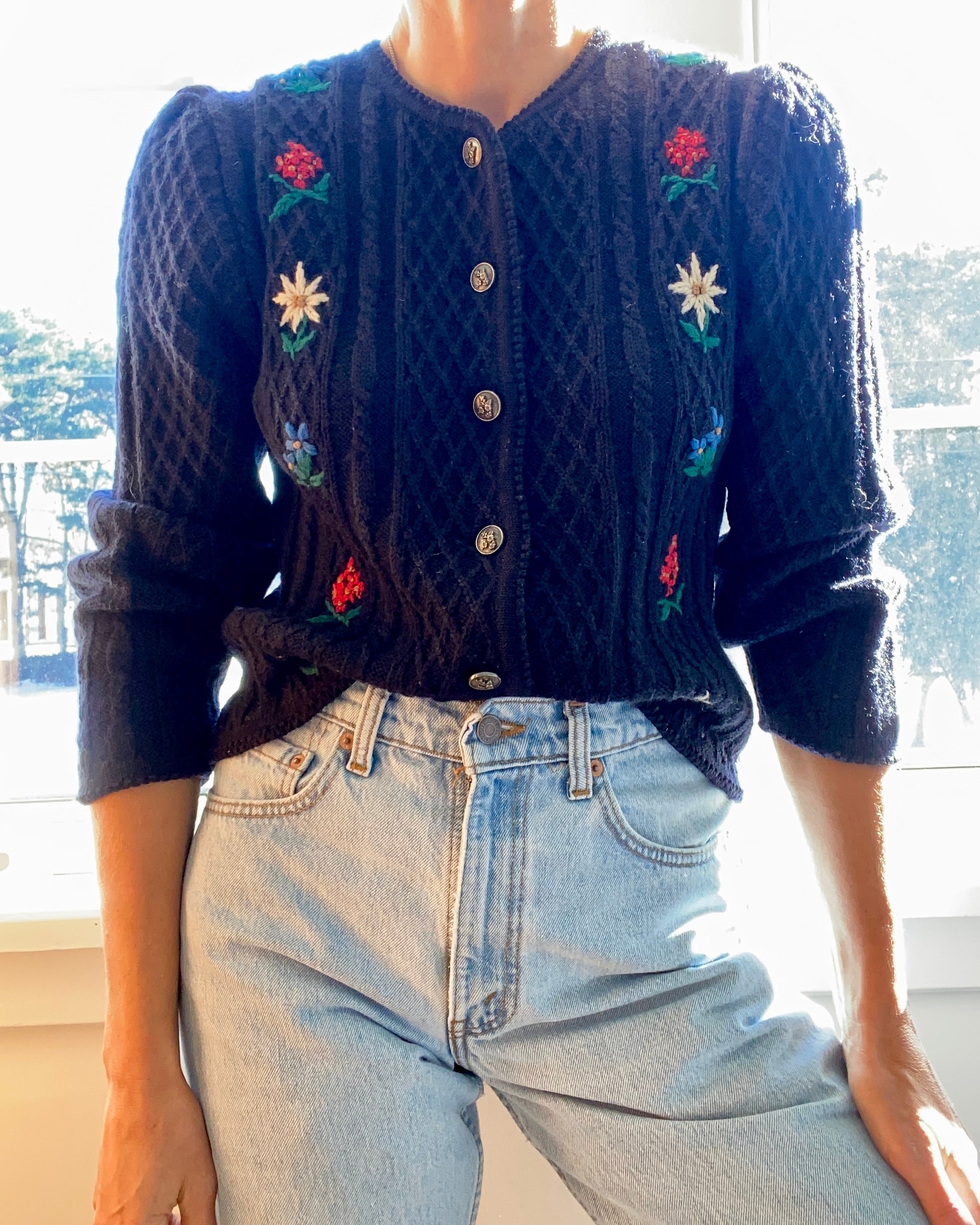 Vintage Tyrolean Folk Handknit Embroidered Wool Cardigan