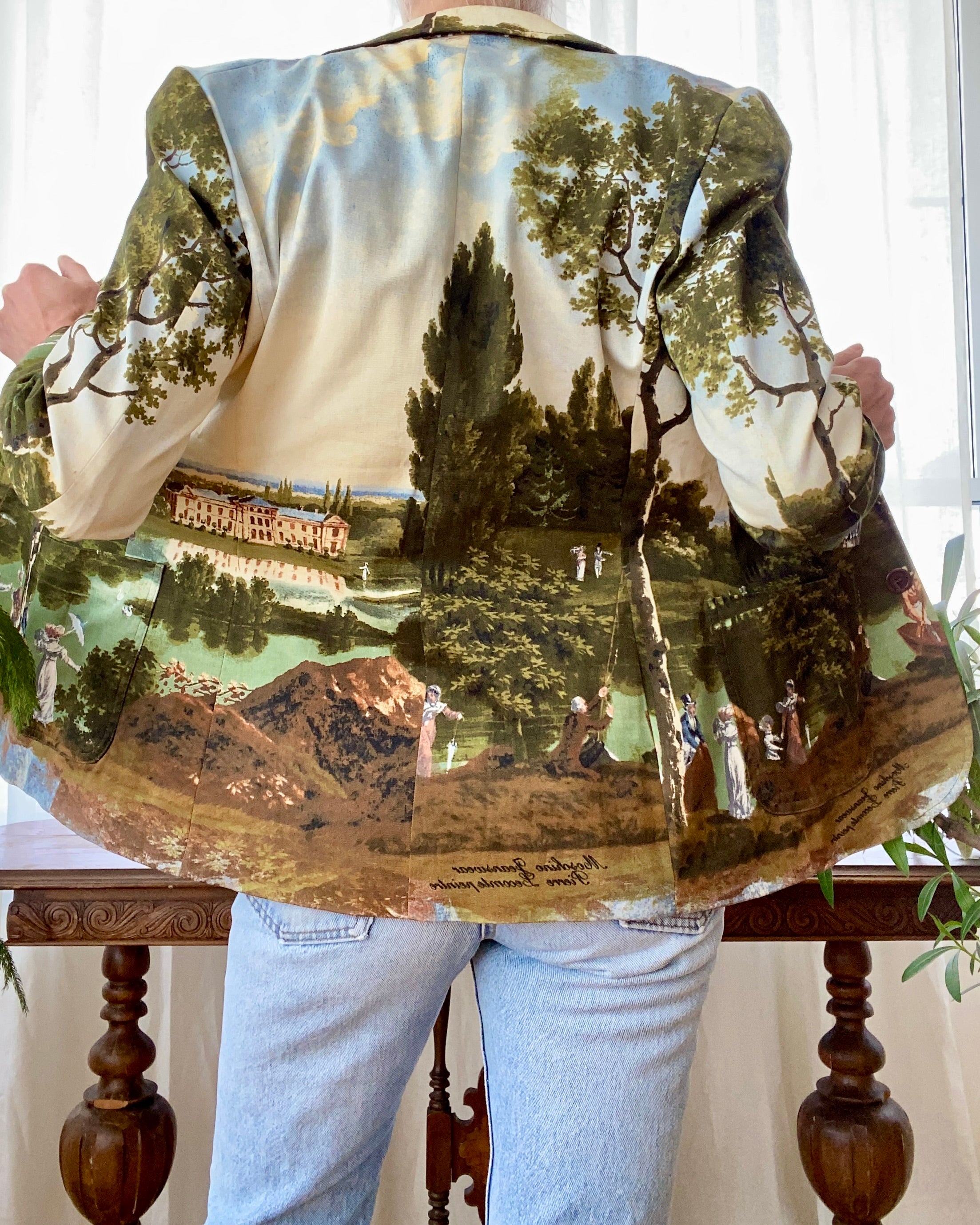 Vintage 1990s Moschino Runway Pop Art Print Blazer by Pierre Lecomte Painting Landscape Scene Italy 4 6 8 S M