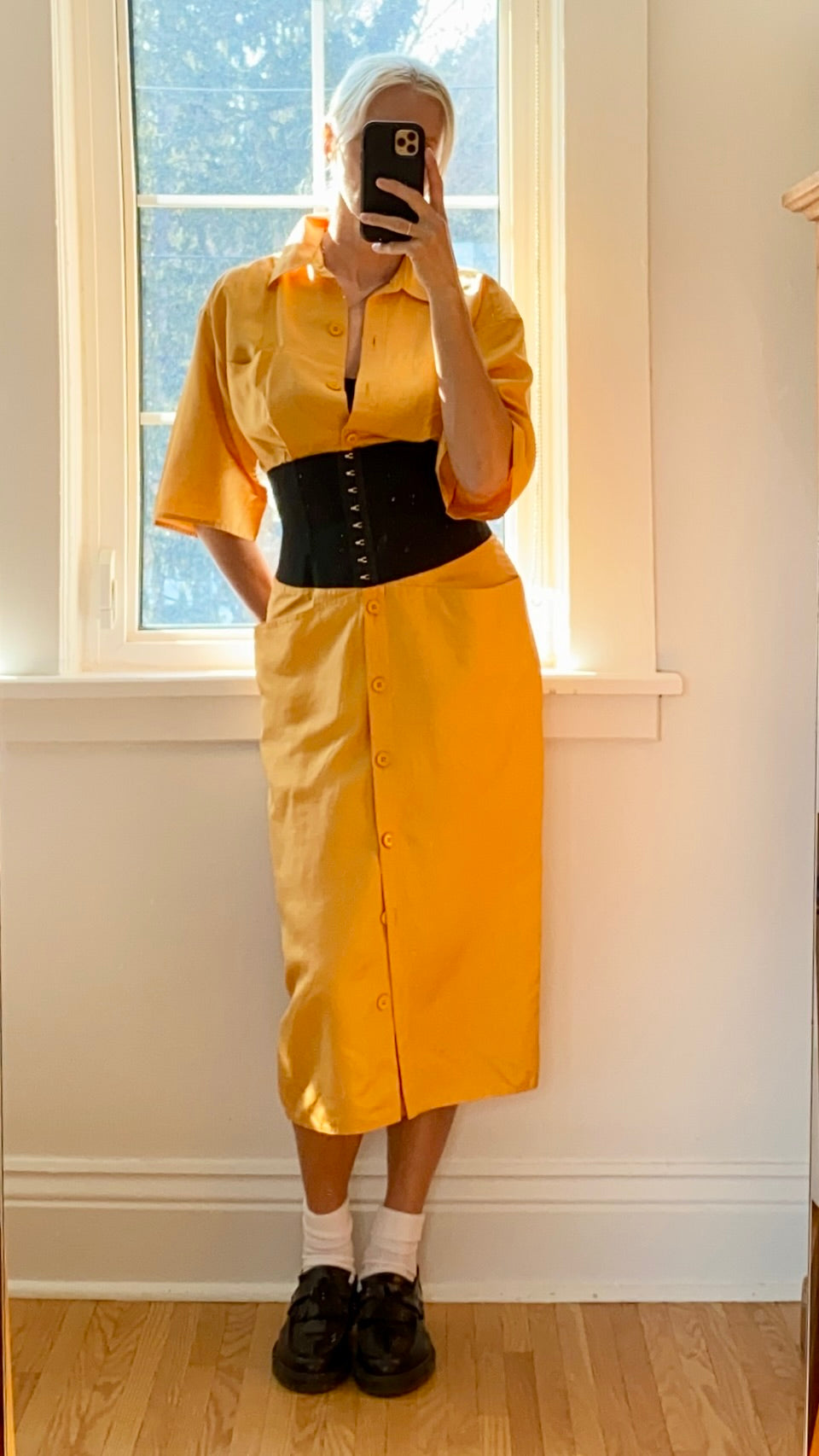 Vintage 1980s GIANFRANCO FERRE Ocre Silk Corset Shirt Dress 42 6 8