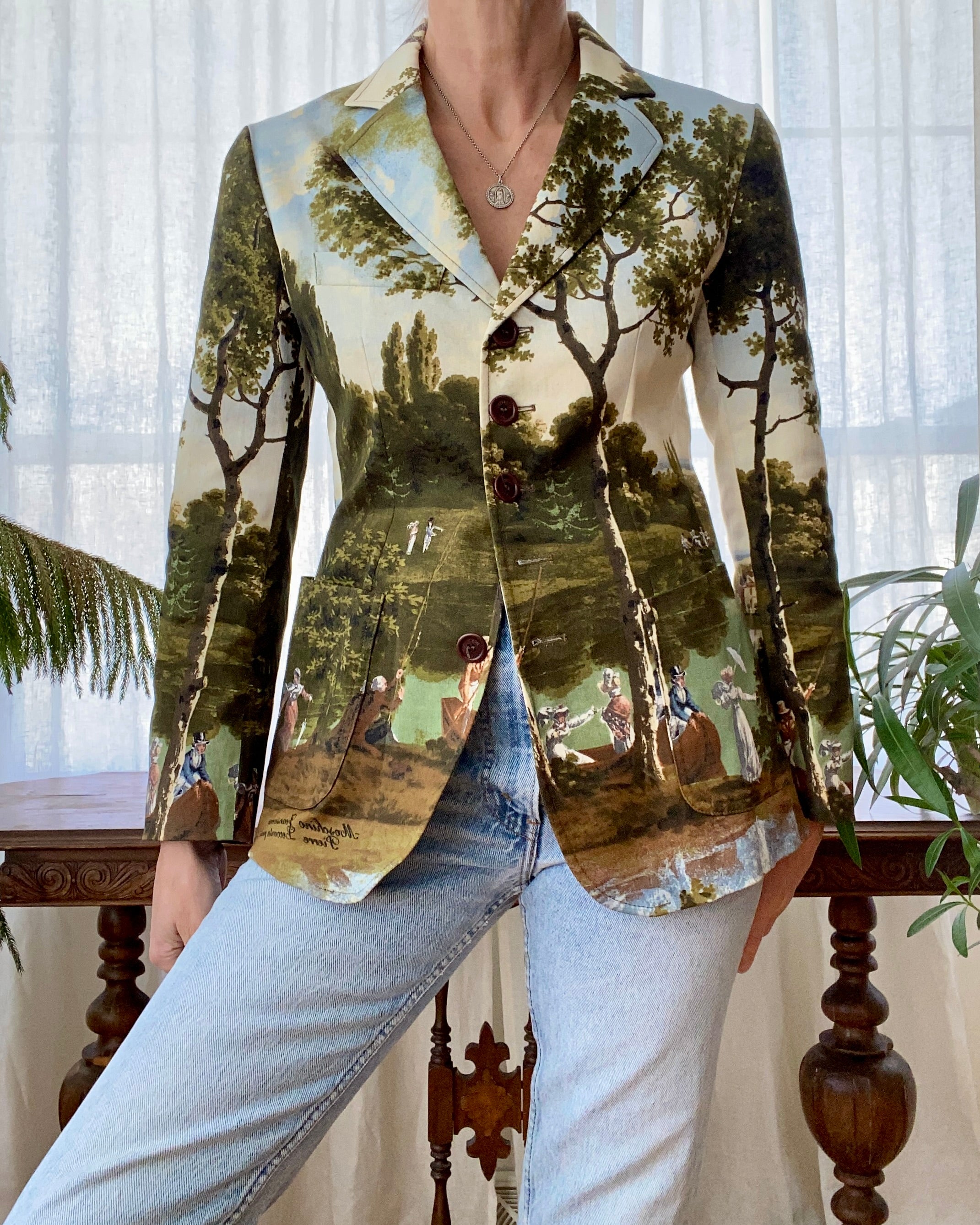 Vintage 1990s Moschino Runway Pop Art Print Blazer by Pierre Lecomte Painting Landscape Scene Italy 4 6 8 S M