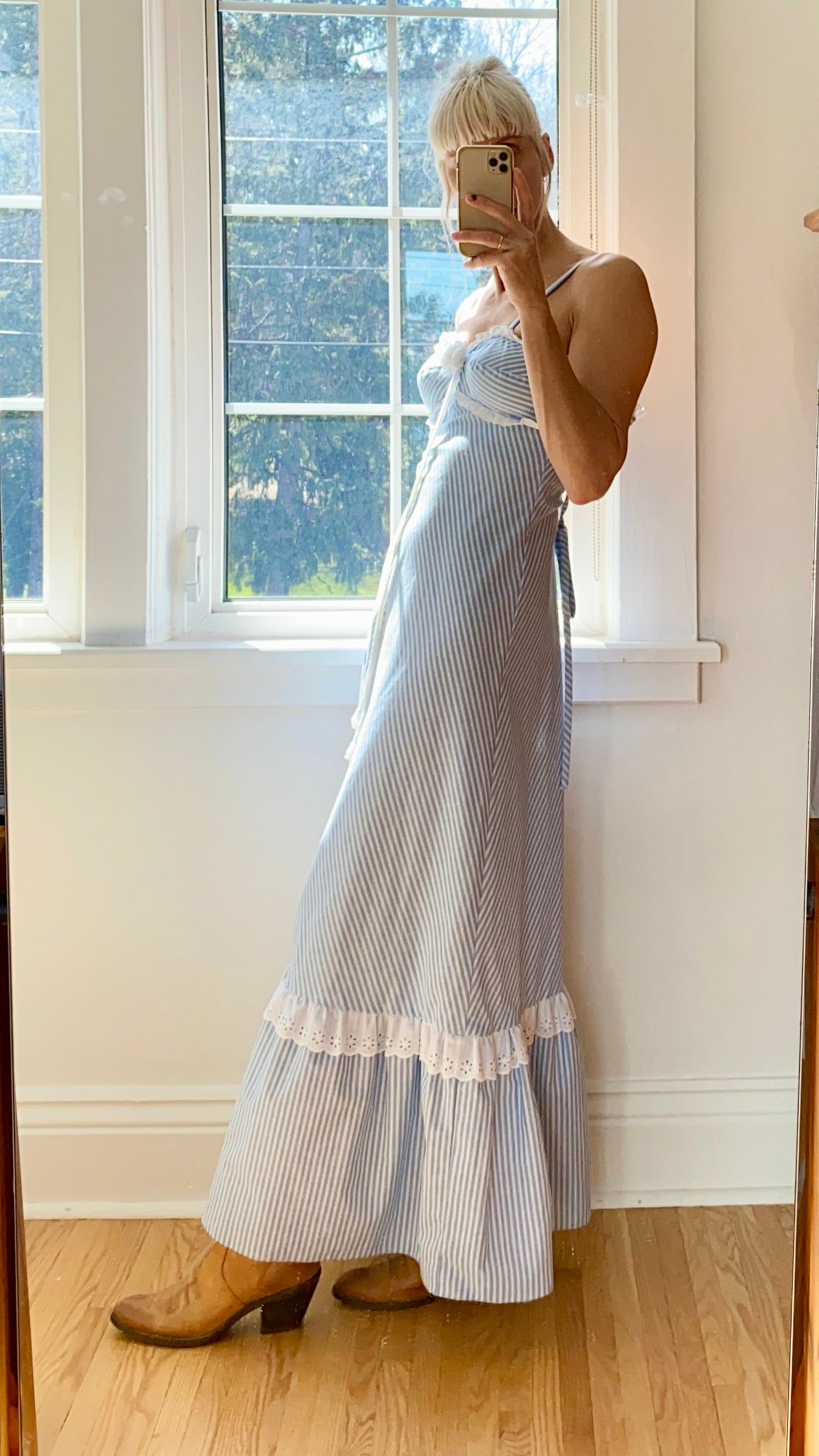 Vintage 1970s Jody T of California Blue Stripe Maxi Dress Size 2/4