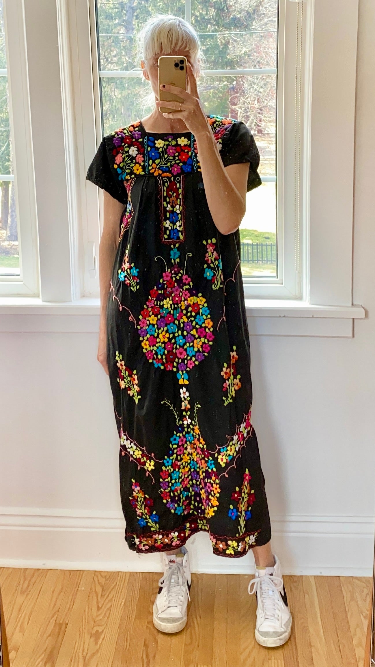 Vintage Mexican Embroidered Black Dress