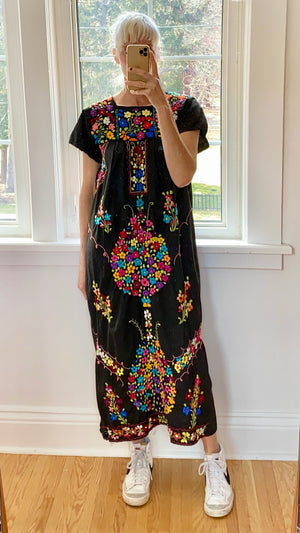 Vintage Mexican Embroidered Black Dress