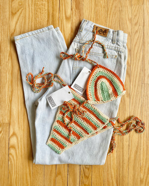 HOT POT VARIETY Aqua/Coral Stripe Crochet Bikini SET