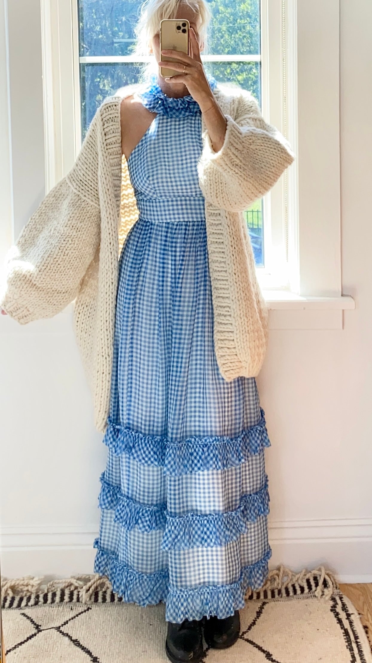 VINTAGE 1960s Organza Blue and White Gingham Halter Dress