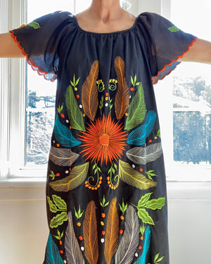 Vintage Mexican Embroidered Black Butterfly Maxi Dress