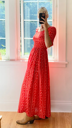 VINTAGE 1970s Red Bandana Print Prairie Dress