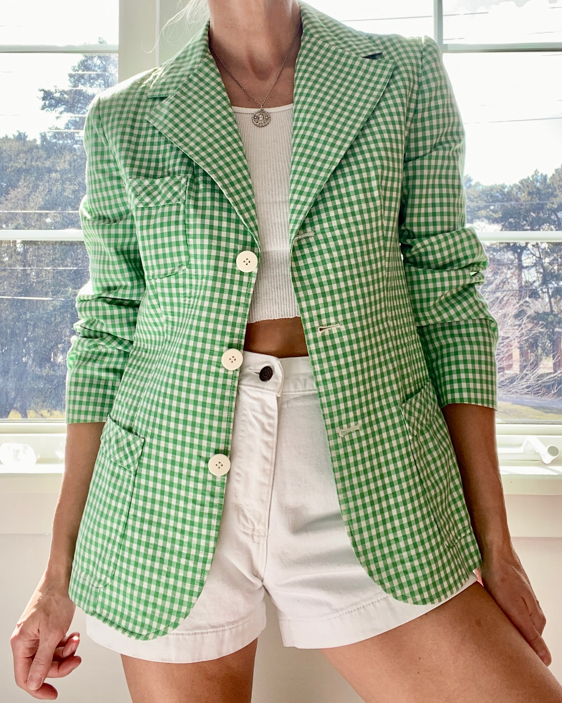 Vintage 1970s Ah! Austin Hill Green Gingham Cotton Blazer M
