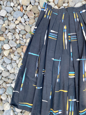 Vintage 1950s Pleated Black Print Skirt